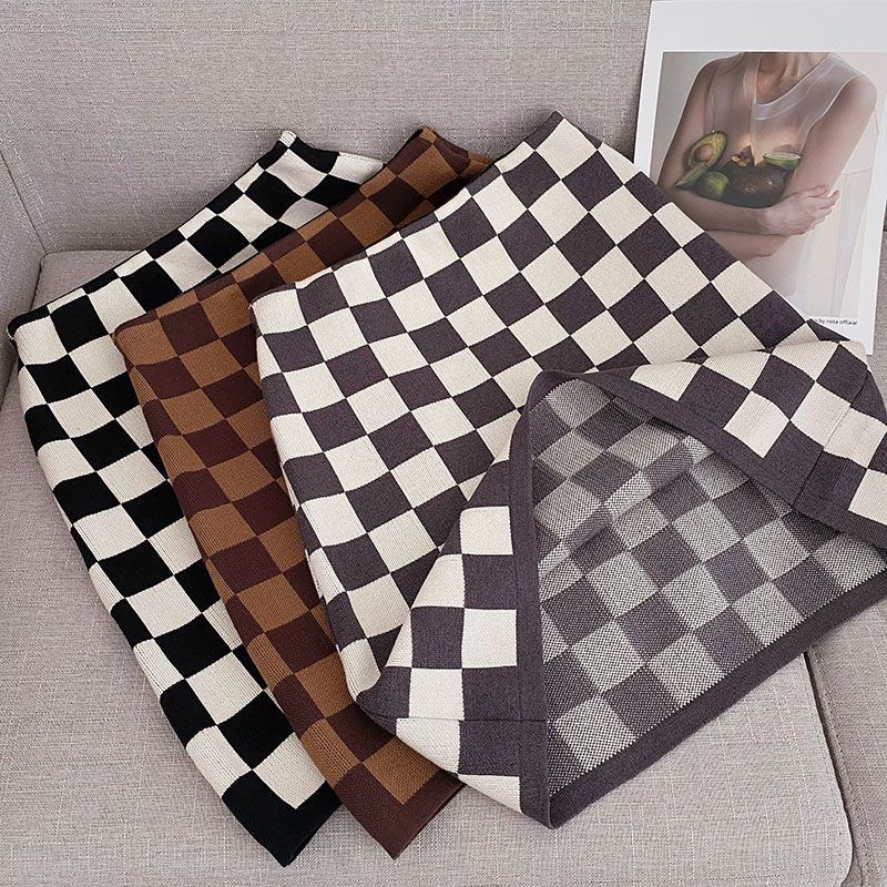 Retro Knitted Chessboard Plaid Sheath Skirt